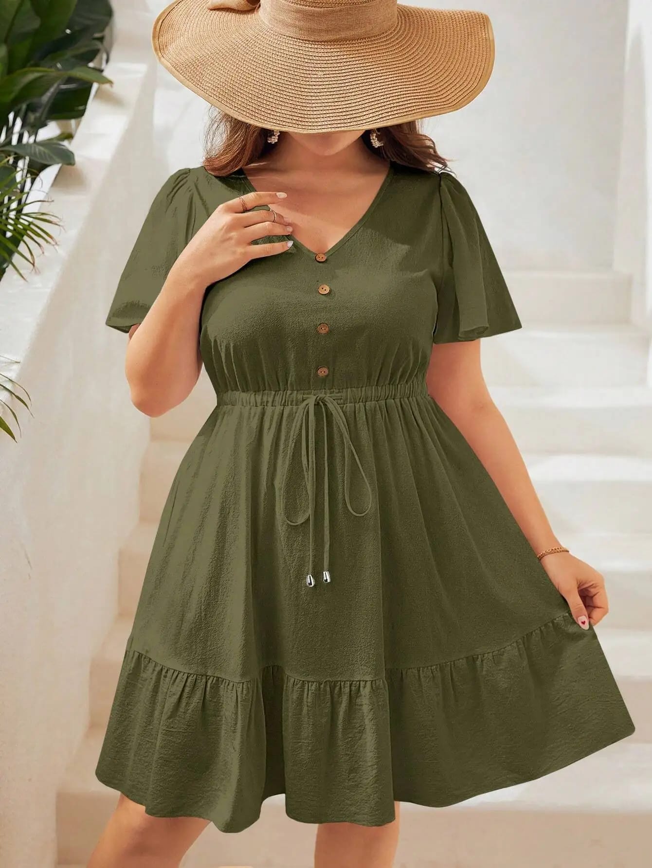 Vestido Mini de Verano Talle Grande, Manga Corta, Cuello V para Mujer. Diseño A-Line con Volados y Pliegues. Estilo Casual y Suelto.